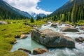 Mountain landscape with a turbulent river, Kyrgyzstan.