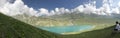 mountain landscape, twin lakes and mountains, large panorama. hiker enjoying view and vacation.