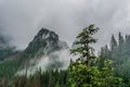 Mountain landscape, valley, forest with green trees and beautiful blue sky with clouds.