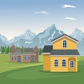 Mountain landscape valley poster with forest and closeup facades houses
