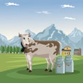 Mountain landscape valley poster with forest and facades houses and closeup cow animal and metal jars of milk Royalty Free Stock Photo