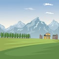 Mountain landscape valley poster with forest and facades houses