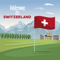 Mountain landscape valley poster of welcome of switzerland with forest and facades houses with closeup flag