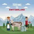 Mountain landscape valley poster of welcome of switzerland with people of traditional costume and cow with metal jars