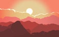 Mountain landscape vector with a bright sunset. vector illustration in red tones. Royalty Free Stock Photo