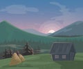 Mountain landscape vector illustration, cartoon beautiful summer morning or evening nature scenery, village with house Royalty Free Stock Photo