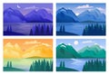 Mountain landscape vector illustration set, cartoon natural landscape backgrounds with green forest and lake in morning