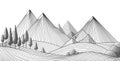 Mountain landscape of vector line art. Minimal outline vector background with mountain ranges. Black and white Royalty Free Stock Photo