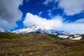 Mountain landscape: view on active Koryaksky Volcano on a sunny day. Koryaksky-Avachinsky Group of Volcanoes, Kamchatka