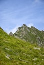 Mountain landscape, view of mountain range on sunny day against blue sky with clouds. Copy space. Royalty Free Stock Photo