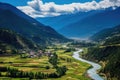 Mountain landscape with village and river in Himalayas, Nepal, Panorama view of Paro valley, Bhutan, AI Generated Royalty Free Stock Photo