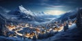 Mountain landscape with village in winter, houses covered snow at night, scenery of ski resort in evening lights on Christmas. Royalty Free Stock Photo