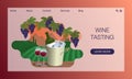 Mountain landscape with vineyards, bottle in cooler and two wine glasses. Concept of website, landing page design template