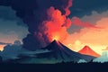 Mountain landscape with volcanic eruption and smoke in the sky