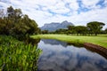 Mountain, landscape and water with grass at golf course on summer on holiday or vacation. Calm, morning and lake with Royalty Free Stock Photo