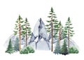 Mountain landscape watercolor illustration. Hand drawn realistic wild nature landscape scene. Green forest, pines, fir