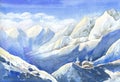 Mountain landscape in watercolor. Snow-capped peaks of blue mountains, houses in the snow in the foreground, smoke comes