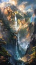 Mountain landscape with waterfall, forest and rainbow. Digital painting