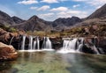 Mountain landscape with waterfall In Isle of Skye, Scotland - Fairy pools Royalty Free Stock Photo