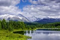 Mountain landscape, white clouds, lake and mountain range in the distance. Fantastic sunny day in mountains, large panorama.