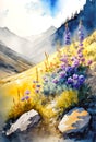 Mountain landscape, wild flowers, digital watercolor painting