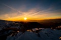 Mountain landscape with winter fog at sunse of Ceahlau, Romaniat Royalty Free Stock Photo