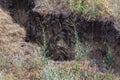 Mountain landslide disaster in sesmically dangerous area. Large cracks in earth, descent of large layers of earth blocking road. M