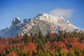 Mountain lanscape in november. Late autumn scene with snow on Ceahlau mountain