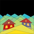 Mountain lifestyle. Houses in the mountains. Flat style. Geometry. Vector Image.