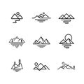 Mountain line logo icon set, geometric hill mount rock vector illustration collection Royalty Free Stock Photo