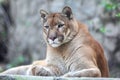 Bored mountain lion laying on rocky pedestal in zoo