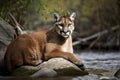 A Mountain Lion Lounging On A Rock Near A River. Generative AI Royalty Free Stock Photo