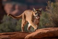 Mountain Lion, Puma concolor, walking on red rocks