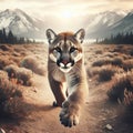 A Mountain Lion running towards the camera. A concept of Big Cats in the wild, detailed photo. ai generative Royalty Free Stock Photo