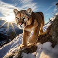 mountain lion stands majestically atop a rocky outcrop, surveying the great mountain landscape that unfolds behind it.