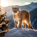 mountain lion stands majestically atop a rocky outcrop, surveying the great mountain landscape that unfolds behind it.