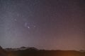 Mountain with little snow on the top in the purple and dark color night with stars in winter at Lachung in North Sikkim, India