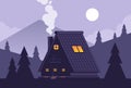 Mountain lodge by night., Summer adventure scene with wooden cabin in woods. Lonely house in forest landscape Royalty Free Stock Photo