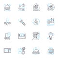 Mountain lodges linear icons set. Panoramic , Secluded, Rustic, Serene, Tranquil, Cozy, Inviting line vector and concept