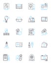 Mountain lodges linear icons set. Panoramic , Secluded, Rustic, Serene, Tranquil, Cozy, Inviting line vector and concept
