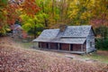 Mountain log cabin with long front porch and barn Royalty Free Stock Photo