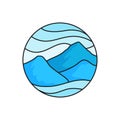 Mountain logo badge. High cloudy mountains illustration for trekking outdoor activity concept with circle frame.