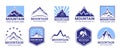 Mountain logo. Hill range icon, top of snow peak, ice rock blue silhouette, everest landscape symbol. Extreme hike and Royalty Free Stock Photo