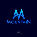 Mountain logo. M letter. M monogram. Letter M is like mountain blue peaks and bridge.