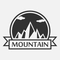 Mountain logo. Template for tourism, alpinism, mountaineering, hiking and camping labels with ribbon. Vector.
