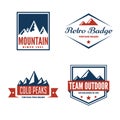 Mountain logotypes with hill peaks. Minimal retro badges, vintage labels for branding projects.