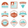 Mountain logotypes with hill peaks. Minimal retro badges, vintage labels for branding projects.