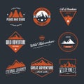 Mountain logotypes with hill peaks. Minimal retro badges, vintage labels for branding projects.