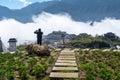 Mountain and low clouds view with stone walking steps and traveller taking landscape photo in Sapa town, Vietnam
