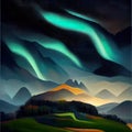 Mountain magic. Abstract oil depiction of the Northern lights dancing above. AI-generated